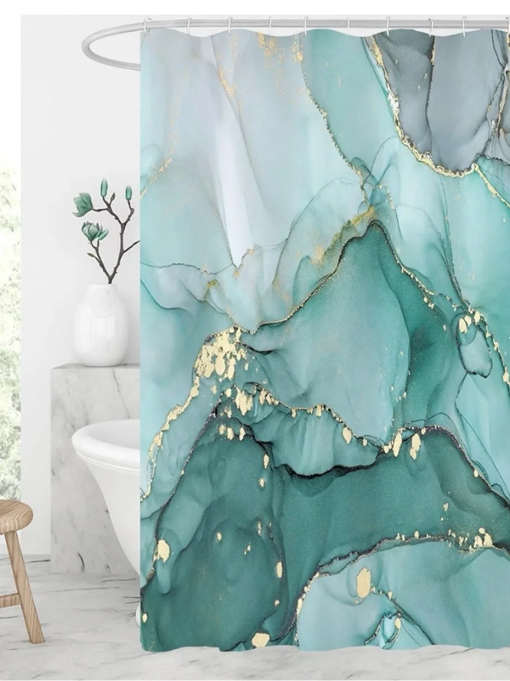 Elegant Teal Marble Shower Curtain with Gold Accents